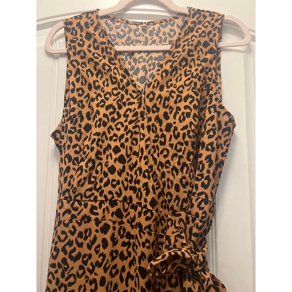 Leopard Print Women’s Sleeveless V-Neck‎ Tie Waist Wrap Maxi Dress Size XL Brown - Picture 3 of 5